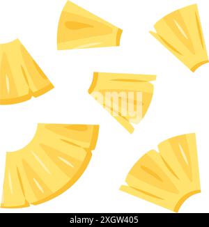 Fresh yellow Pineapple chunks, pieces slice icon set. Healthy vegetarian snack, cut Pineapple for design. Sliced on pieces ananas. Hand drawn trendy flat style isolated Vector illustration Stock Vector
