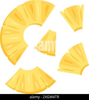 Fresh yellow Pineapple chunks, pieces slice icon set. Healthy vegetarian snack, cut Pineapple for design. Sliced on pieces ananas. Hand drawn trendy flat style isolated Vector illustration Stock Vector