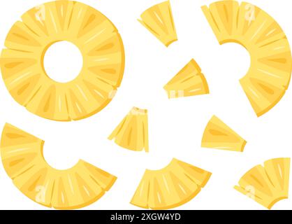 Fresh yellow Pineapple chunks, ring, pieces slice icon set. Healthy vegetarian snack, cut Pineapple for design. Sliced on pieces ananas. Hand drawn trendy flat style isolated Vector illustration Stock Vector