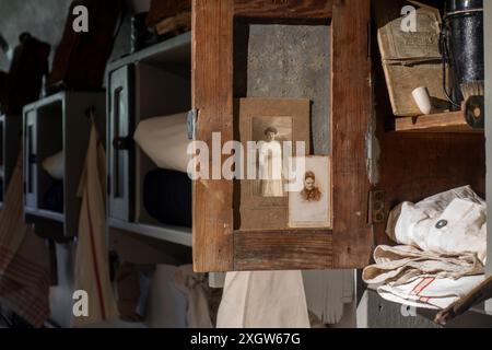 Locker with soldier’s personal belongings in sleeping quarters / dormitory inside Fort van Liezele, WW1 museum at Puurs-Sint-Amands, Antwerp, Belgium Stock Photo