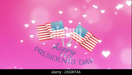 Image of hearts floating over usa flags and happy presidents day on pink background. usa patriotism and celebration concept digitally generated image. Stock Photo