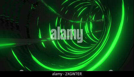 Image of tunnel made of green lights moving fast on black background. colour, shapes and movement concept digitally generated image. Stock Photo