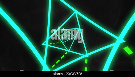 Image of tunnel made of neon triangles moving on black background. colour, shapes and movement concept digitally generated image. Stock Photo