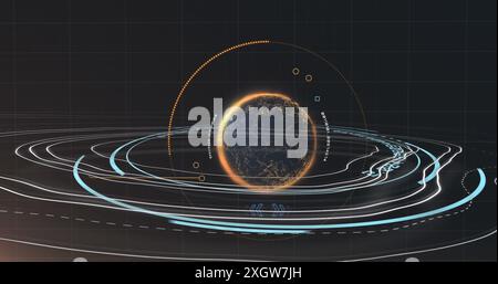 Image of rotating circles over data processing in green and black space. Global communication image game and digital interface background concept digi Stock Photo
