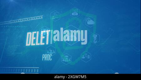 Image of files deleting processing, icons, security symbol against blue background. Digital composite, communication, technology, cloud computing, dat Stock Photo