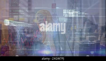 Image of financial data and graphs over middle eastern woman on street. Global communication, finance and technology concept digitally generated image Stock Photo