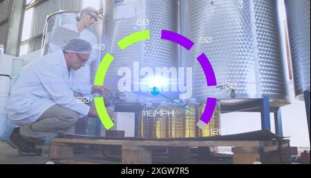 Image of speedometer over refinery workers. Global business, finances, data processing and digital interface concept digitally generated image. Stock Photo