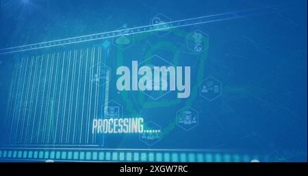 Image of files deleting processing, icons, security symbol against blue background. Digital composite, communication, technology, cloud computing, dat Stock Photo