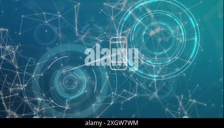 Image of digital dots interconnecting with lines and circles against abstract background. Hologram, digitally generated, telecommunications, internet, Stock Photo