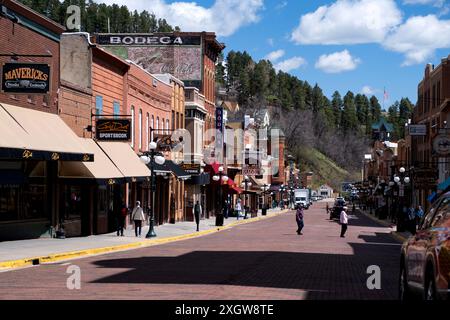 View looking down Main Street gulch in the historic old mining town of Deadwood, in the Black Hills of South Dakota Stock Photo