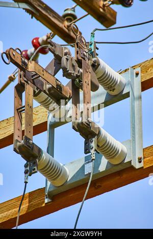High-Voltage Switchgear on Utility Pole Daytime Low Angle View Stock Photo