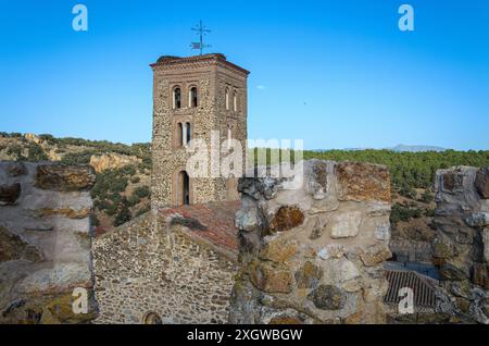 Bell tower of the Church of Santa María del Castillo from the castle walls, Buitrago de Lozoya, Madrid, Spain Stock Photo