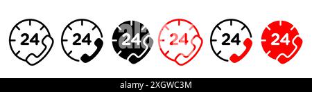 24 7 Emergency call services icon logo sign vector outline in black and white color Stock Vector