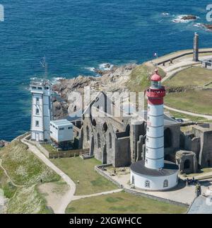 Aerial view Semaphore, ruins of Saint-Mathieu Abbey, lighthouse and ...