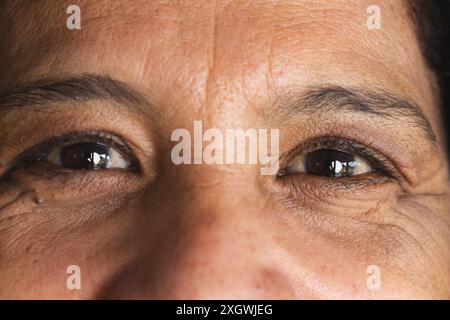 Portrait close up of brown eyes of happy senior biracial woman smiling at home. Wellbeing, domestic life and senior lifestyle, unaltered. Stock Photo