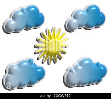 Blue volumetric clouds and yellow sun on an isolated background, 3D rendering illustration Stock Photo