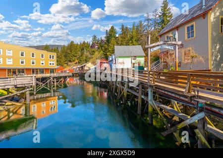 Historic colorful shops along Ketchikan Creek at Creek Street, a popular tourist destination and cruise port in the Alaskan town of Ketchikan, Alaska. Stock Photo