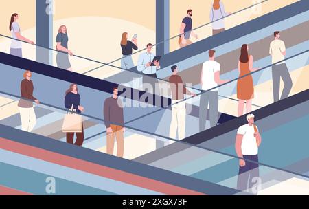 People on escalators. Men women move up and down on moving staircase in shopping mall, office center airport or subway. Public space kicky vector Stock Vector