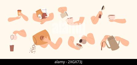 Hand with coffee cups and makers. Pour grains and cocoa beans, milk jug with cream. Espresso americano cappuccino latte, drinks in hands vector Stock Vector