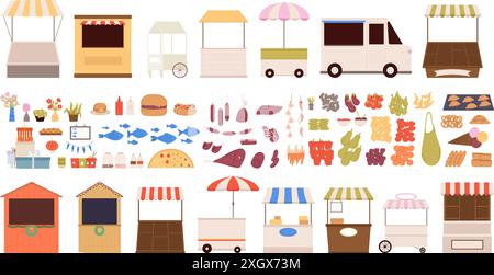 Market stalls. Fresh food fish meat products flowers vegetables and fruits. Christmas fair elements, gift boxes burger hot dog, flat farm stands Stock Vector