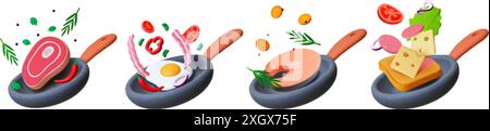 Frying pan 3d element. Fry meat fish eggs and toast. Cooking breakfast lunch or dinner. Salmon steak, bread with cheese and vegetables, render vector Stock Vector