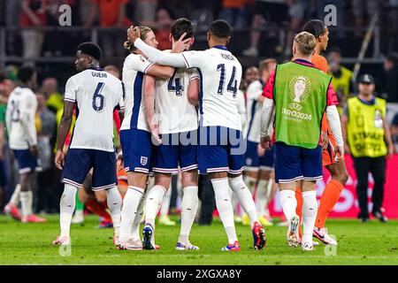 Dortmund, Netherlands. 10th July, 2024. DORTMUND, NETHERLANDS - JULY 10: Conor Gallagher of England, Declan Rice of England, Ezri Konsa of England celebrates his sides win during the UEFA EURO 2024 Semi Final match between Netherlands and England at BVB Stadion Dortmund on July 10, 2024 in Dortmund, Netherlands. (Photo by Andre Weening/Orange Pictures) Credit: Orange Pics BV/Alamy Live News Stock Photo