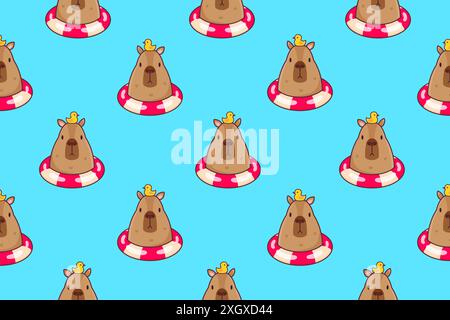 Seamless pattern of capybaras and lifebuoy. Vector illustration. Stock Vector