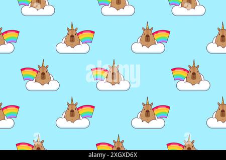 Seamless pattern of capybara and rainbow. Vector illustration. Stock Vector