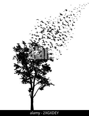 Tree silhouette and flying birds. hand drawing. Not AI Vector Stock Vector