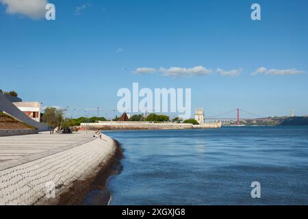 The Tagus River with the Champalimaud Foundation on the left and the Belém Tower, 25 April Bridge and Cristo de Rei on the right, Lisbon, Portugal Stock Photo