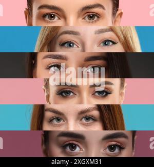 Different women on various color backgrounds, closeup. Collage of photos Stock Photo