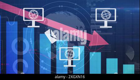 Image of globe in computer icons over arrow on falling graphs over globe and bars Stock Photo