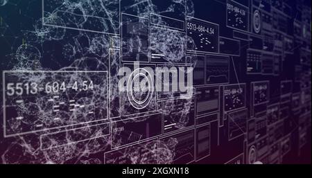 Image of graphs, changing number, loading circle, bars, connected dots forming abstract pattern. Digitally generated, hologram, report, business, grow Stock Photo