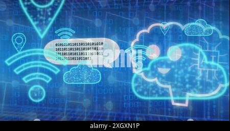 Image of brain binary codes, clouds, wi fi, robot and speech bubbles against blue background Stock Photo