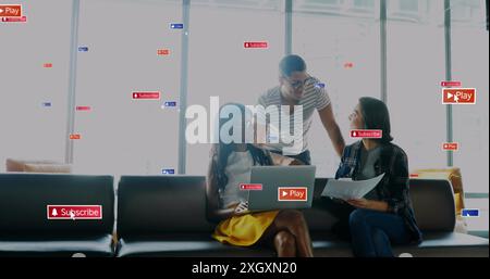 Image of multiple notification bars over diverse coworkers discussing reports on laptop. Digital composite, multiple exposure, business, planning, tea Stock Photo
