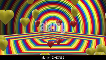 Image of multicolored heart shape balloons flying over rainbow circles and hexagons. Digital composite, multiple exposure, love, lgbtqia rights, lgbtq Stock Photo