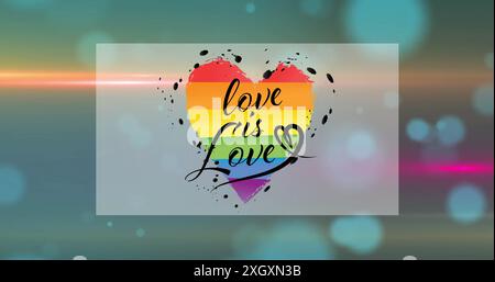 Image of love is love text in rainbow colored heart with lens flares against abstract background. Digital composite, multiple exposure, lgbtqia rights Stock Photo