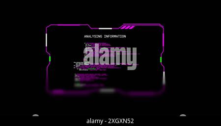 Image of analysing information of text data file on black background. Connection, data, processing, digital interface and communication, digitally gen Stock Photo