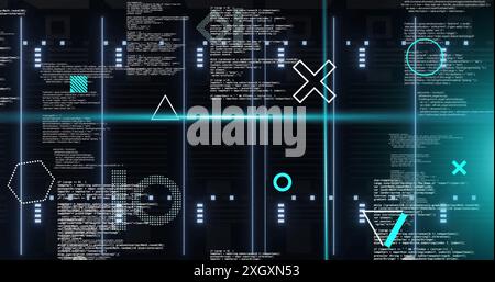 Image of rotating shapes and blue scanner beams over data processing on black background. Connection, data, processing, digital interface and communic Stock Photo