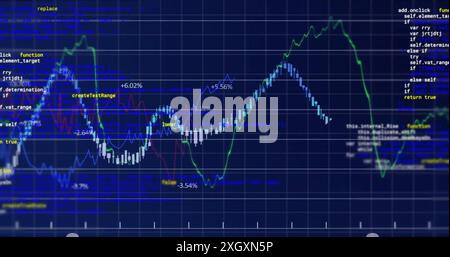 Image of graph and data processing over grid on blue background. Connection, data, processing, digital interface and communication, digitally generate Stock Photo