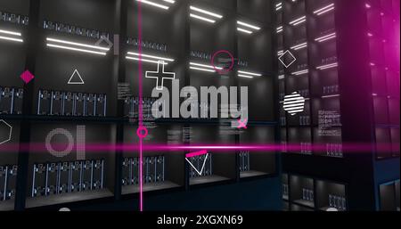 Image of rotating shapes and pink scanner beams processing over dark computer server room. Connection, data, processing, business, digital interface a Stock Photo