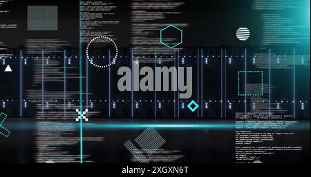 Image of rotating shapes and blue scanner beams over data processing on black background Stock Photo