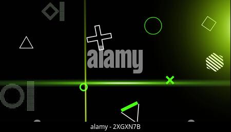 Image of rotating shapes and green scanner beams on dark background Stock Photo
