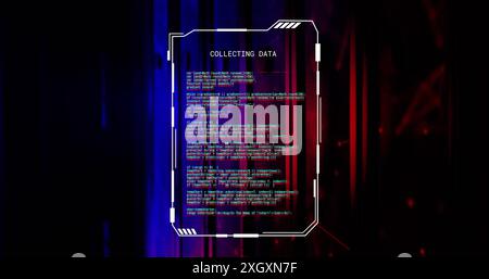 Image of collecting data text file processing over blue an red lights on computer servers Stock Photo