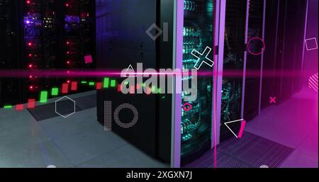 Image of pink scanner beams, rotating shapes and graph processing data over server room Stock Photo