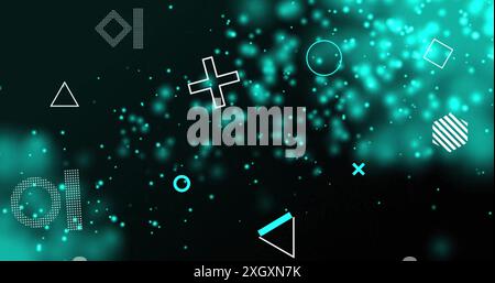 Image of rotating shapes over glowing blue light particles on black background. Connection, data, ai, processing, digital interface and communication, Stock Photo