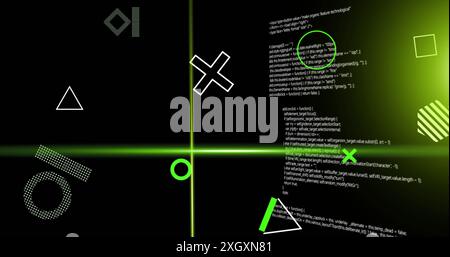 Image of green scanner beams and rotating shapes over data processing on dark background. Connection, data, processing, business, digital interface an Stock Photo