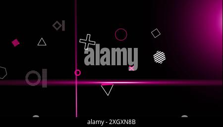 Image of rotating shapes and pink scanner beams processing on dark background. Connection, data, processing, digital interface and communication, digi Stock Photo