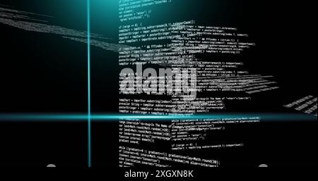 Image of blue scanner beams over text data processing on dark background. Connection, data, processing, business, digital interface and communication, Stock Photo