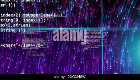 Image of blue scanner beams over processing data and blue and pink light trails. Connection, data, processing, digital interface and communication, di Stock Photo